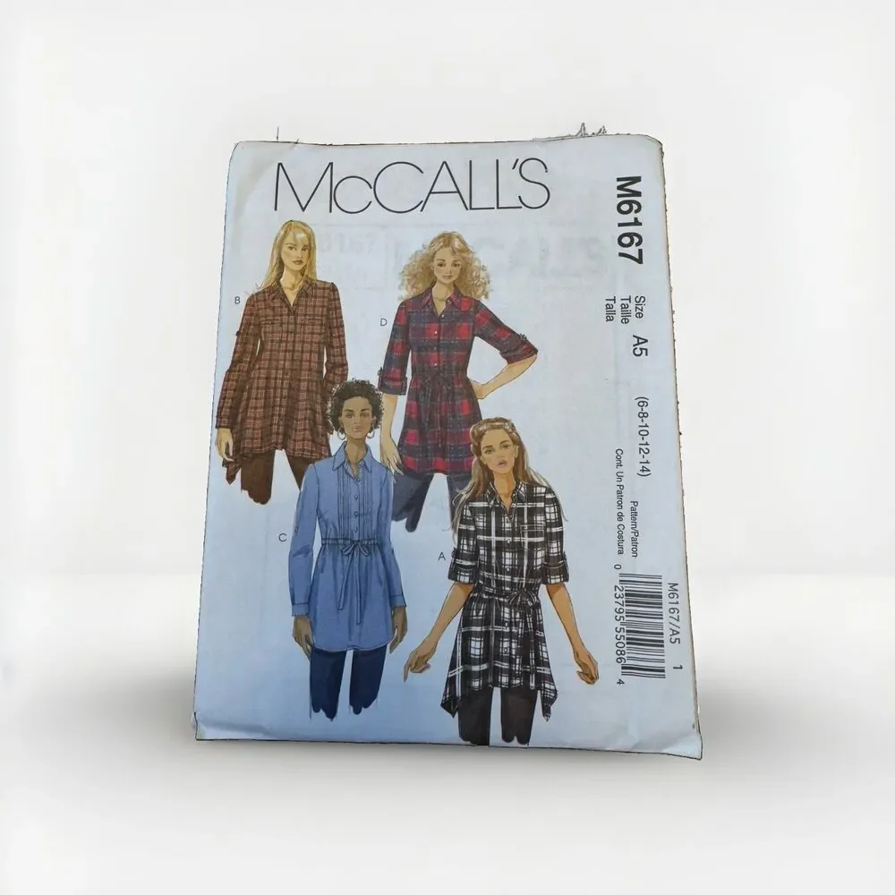 McCalls M6167 Sewing Pattern Misses Tunics Sash Size 6 8 10 12 14 Flannel Shirt